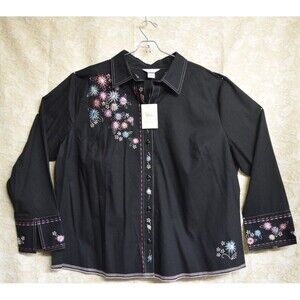 C.J. Banks Embroidered Plus 2x Y2K Shirt Black Floral Cotton Whimsy Dopamine